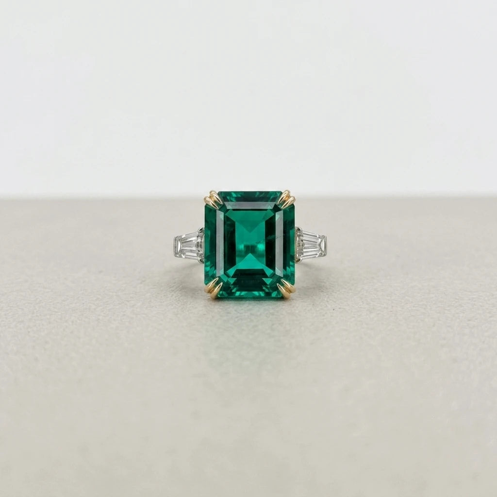 ArtistA Customized 10 Carat 18K White Gold Lab Hydrothermal Emerald 12x14mm Diamond Ring