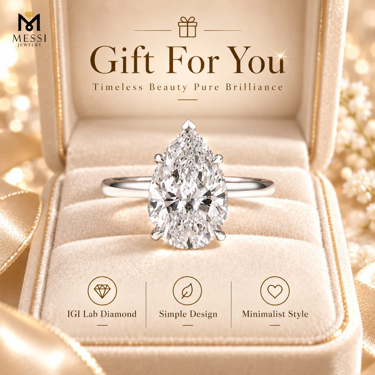 Gemfiori Messi Jewelry 10k 14k 18K White Gold Classic Designs Claw Setting Women 1CT 2CT 3CT Round Oval Pear IGI Lab Grown Diamond Ring
