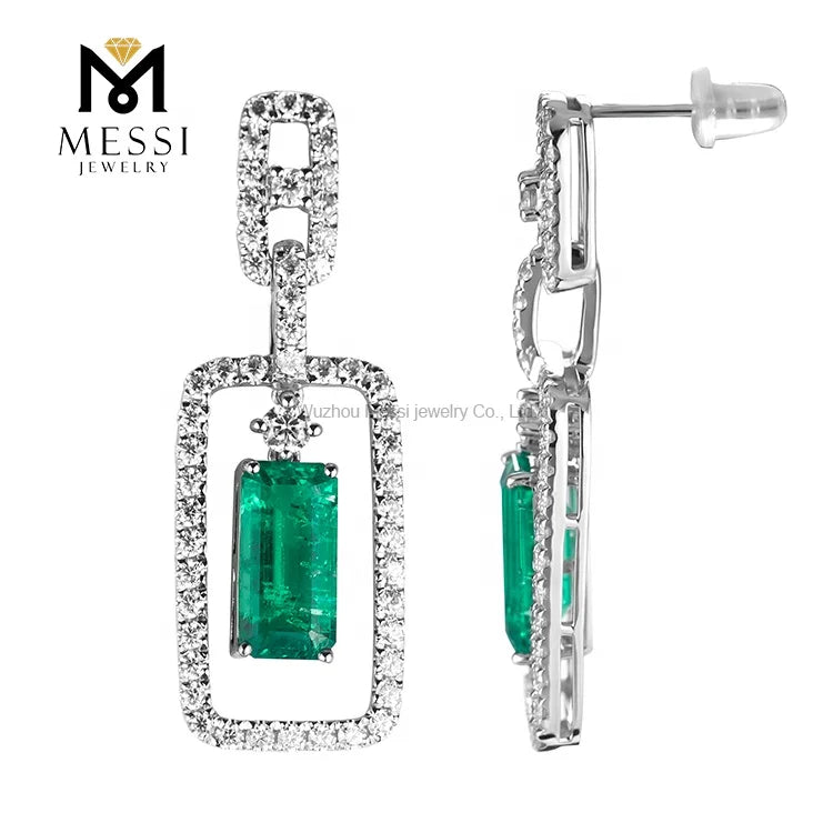 Gemfiori Messi Jewelry Geometric Design Elegant Moissnaite Pendant Earring for Lady 14k 18k Gold Emerald Drop Earring