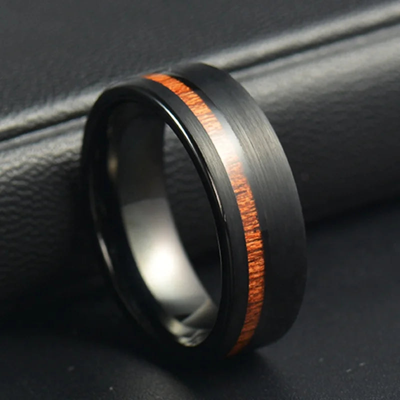 Non Tarnish Comfort Fit Hawaiian Koa Wood Inlay Brushed 8mm Black Tungsten Carbide Rings for Men Women