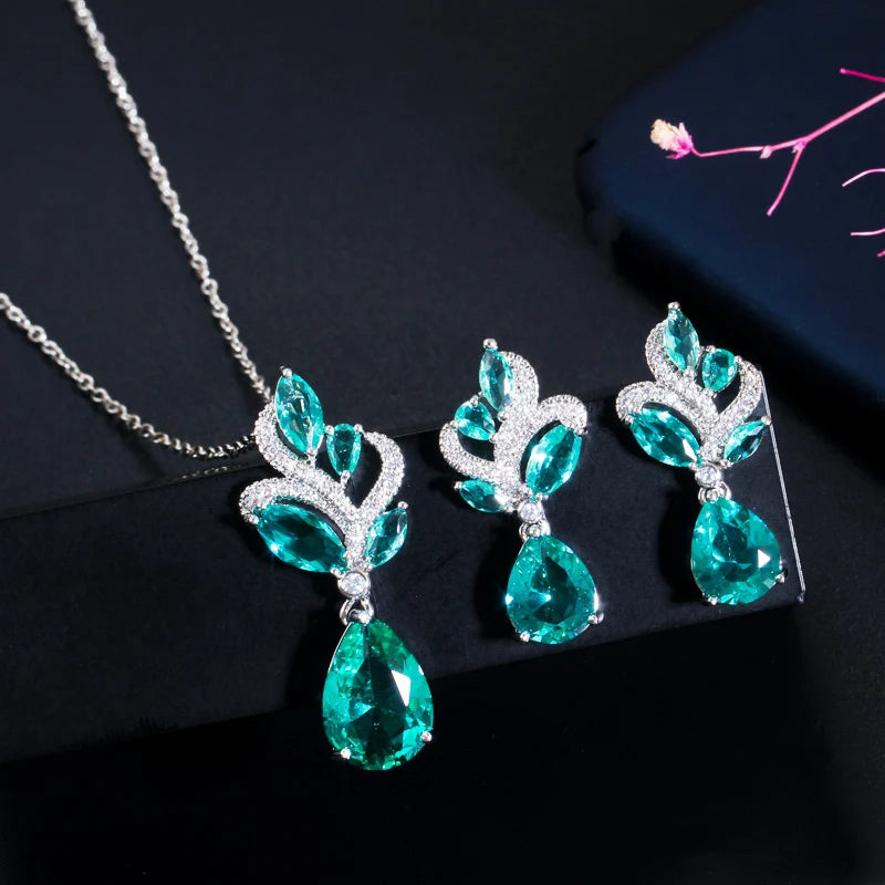 S&S Green CZ Waterdrop Leaf Pendant Jewellery Set – Necklace & Earrings – Collection