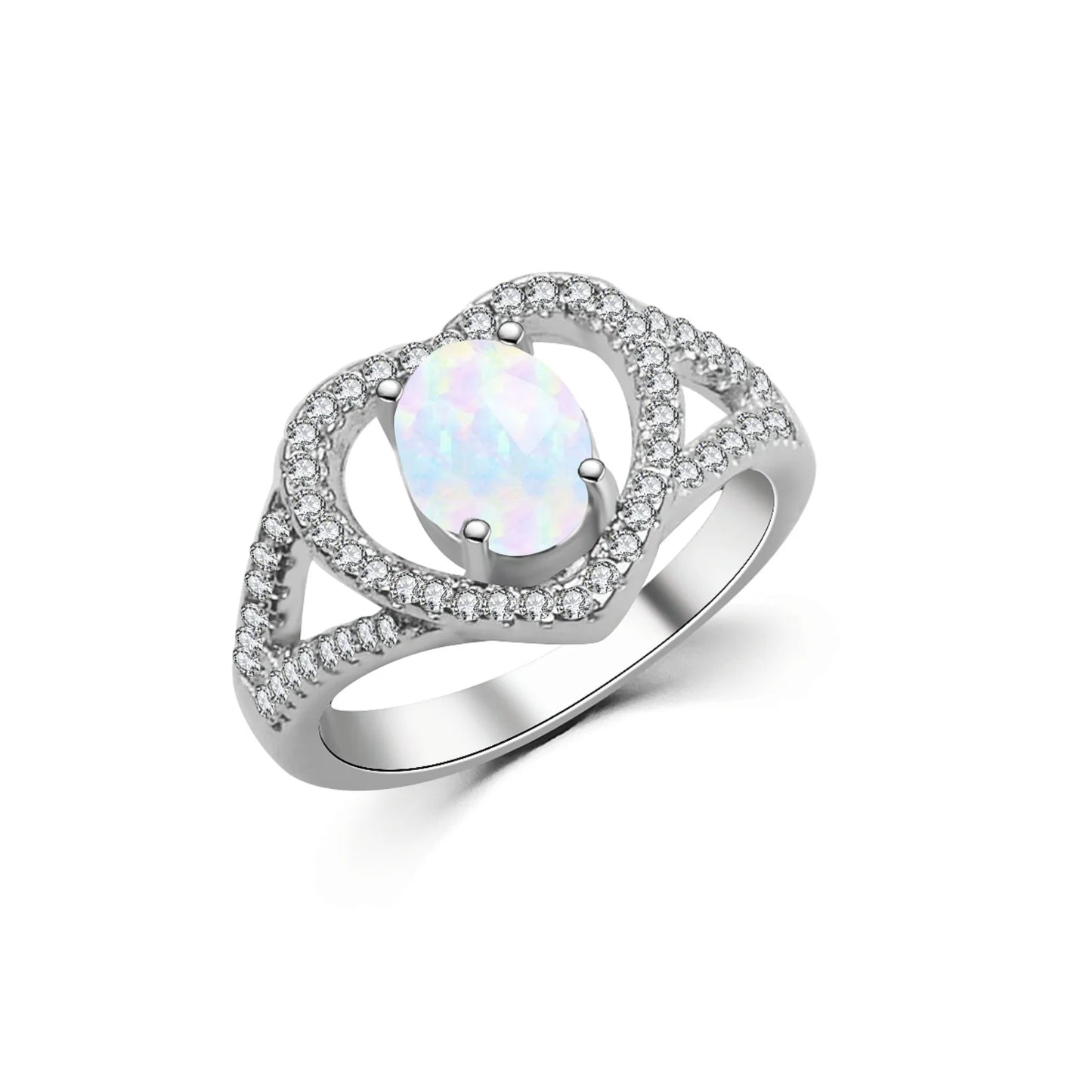 Elegant Double-Heart Opal Promise Ring - Iridescent Opal & CZ Paved Band | Romantic Daily Jewelry Bulk Gifts