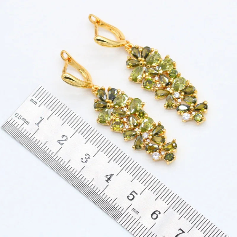 XOTICA Luxury Green Peridot Gold Jewellery Set Yellow Gold Necklace Earrings Pendant for Wedding Engagement Christmas Birthday Gift