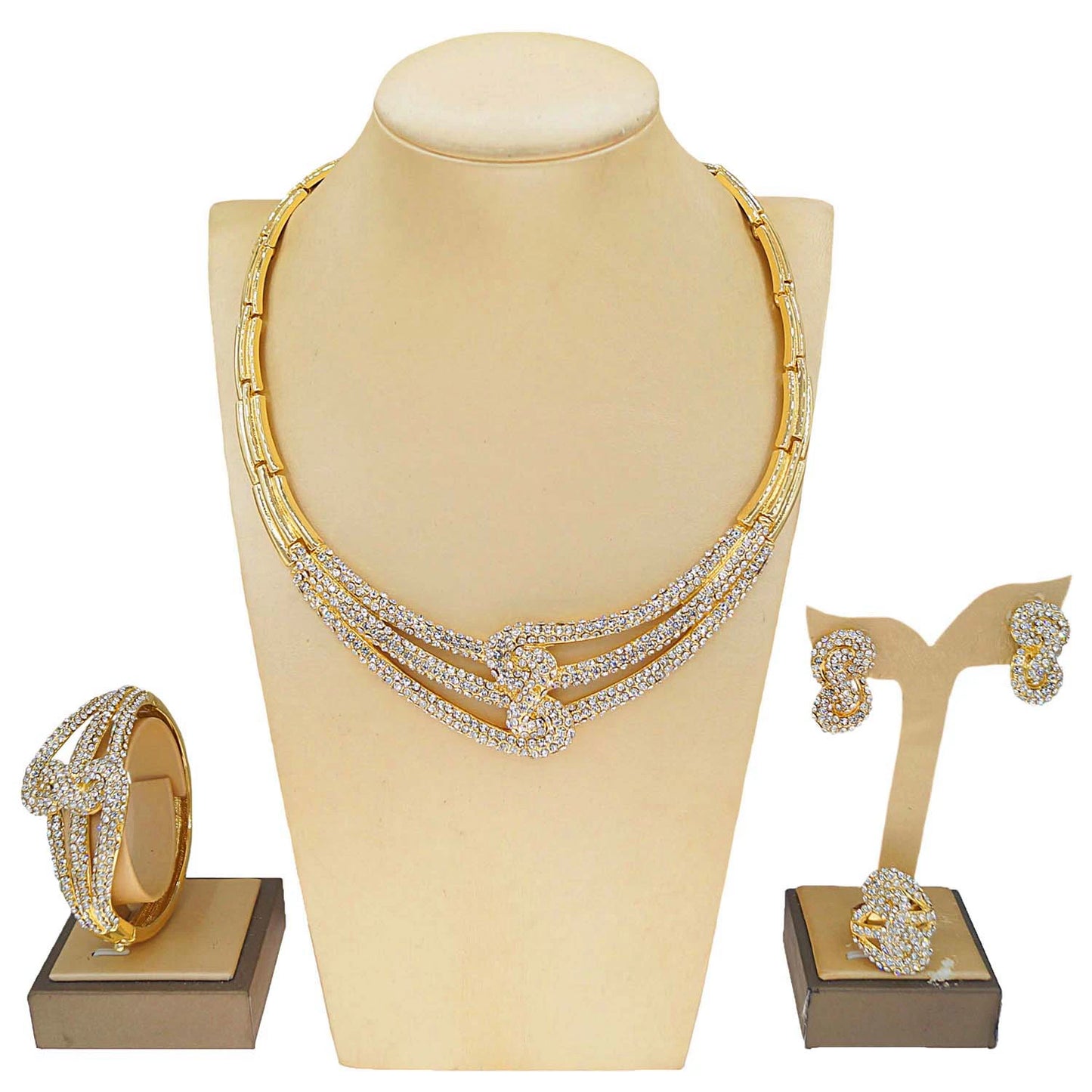 Zhuerrrui Fashion Diamond Set Jewelry Four Sets of New Gold Shiny Luxury High-grade Charm Earrings Ring Women's JewelryHA240501