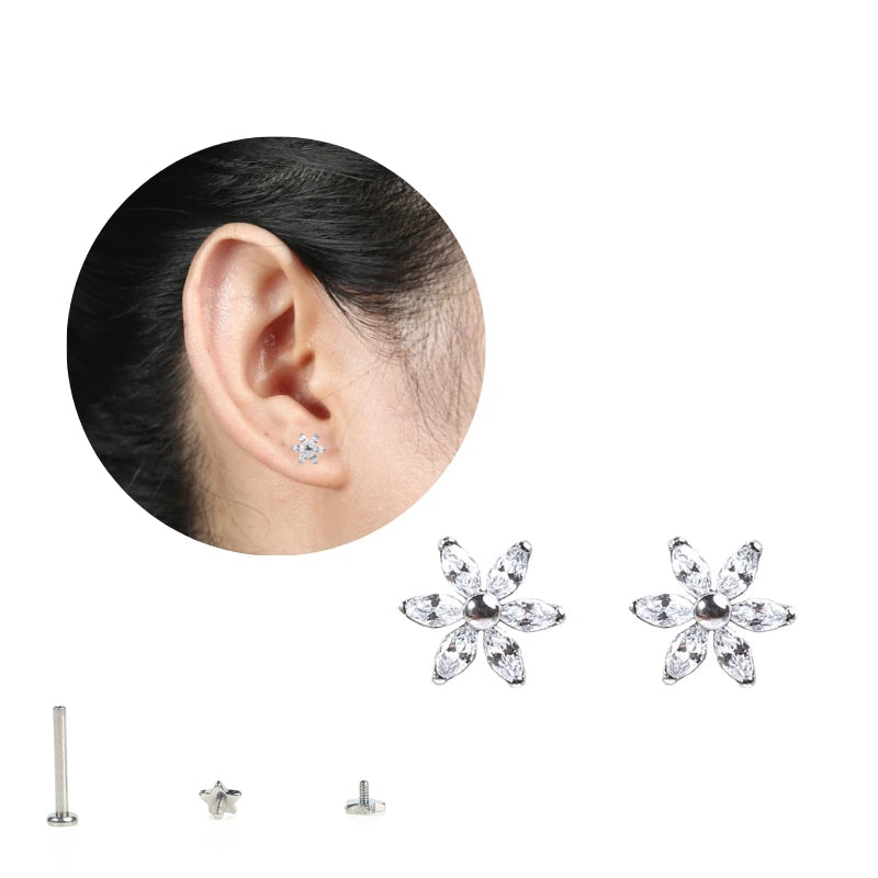 Minimalist Titanium Six Leaves Flower Stud Earrings Simple Internally Threaded Piercing Jewelry Trendy Style