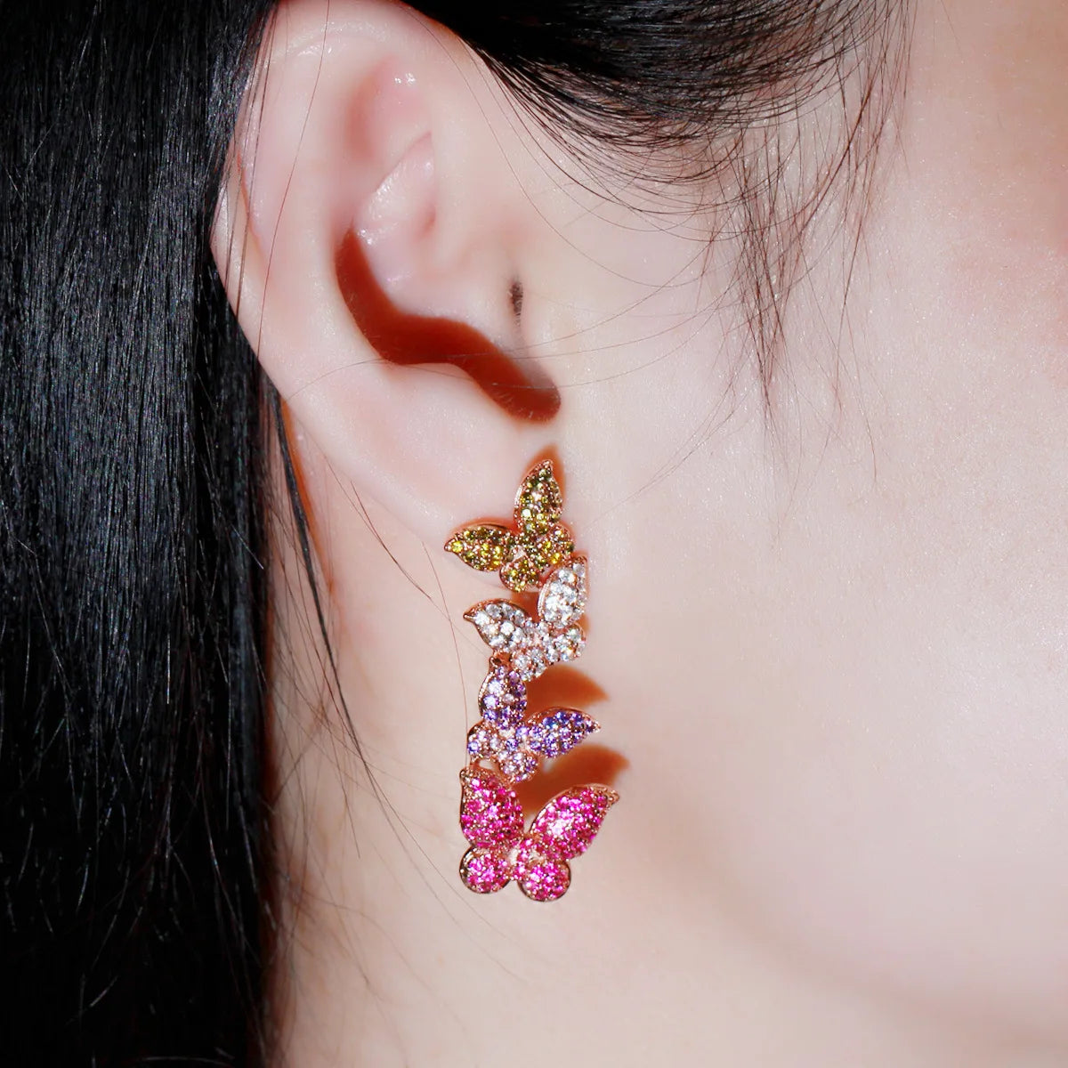 S&S Colourful Butterfly Micro Pavé CZ Dangle Drop Earrings – Rose Gold – 925 Silver Pin – Collection