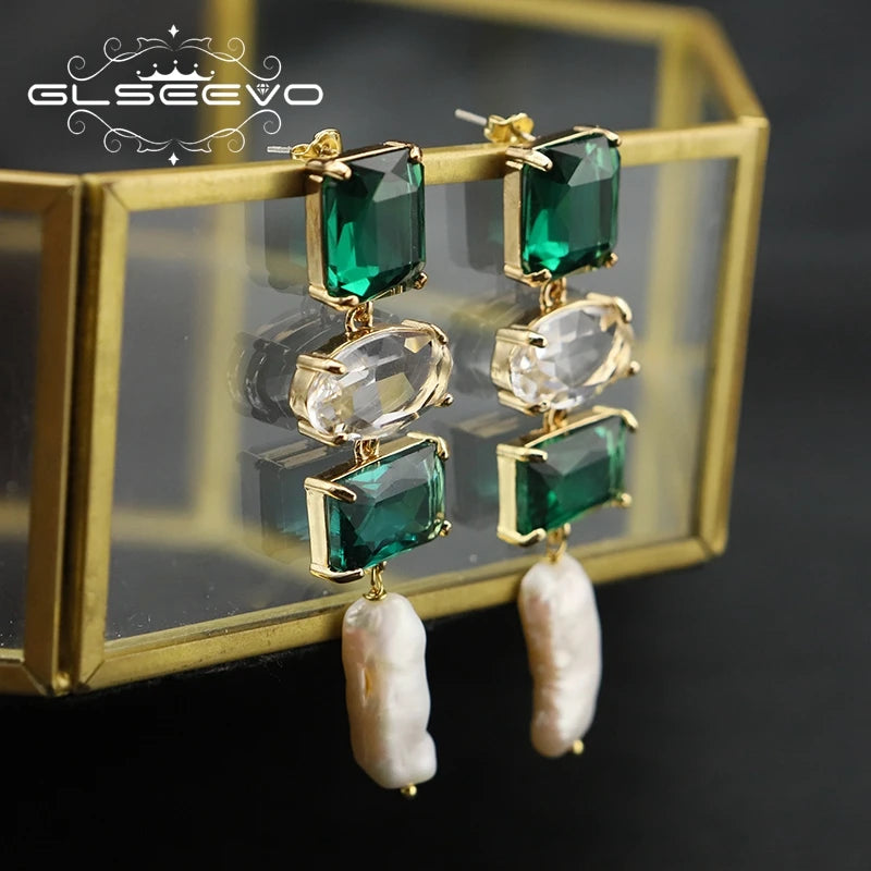 Long Natural Baroque Pearl Emerald Crystal Drop Earrings for Wife Girlfriend Birthday Gifts Fashion Designer Luxury Jewelry
