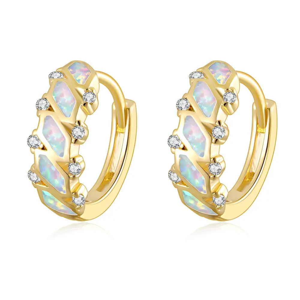 Geometric Mosaic Opal Huggie Hoops - Blue Fire Opal & CZ Accent Grid Design | Chic Daily Jewelry Bulk Gifts