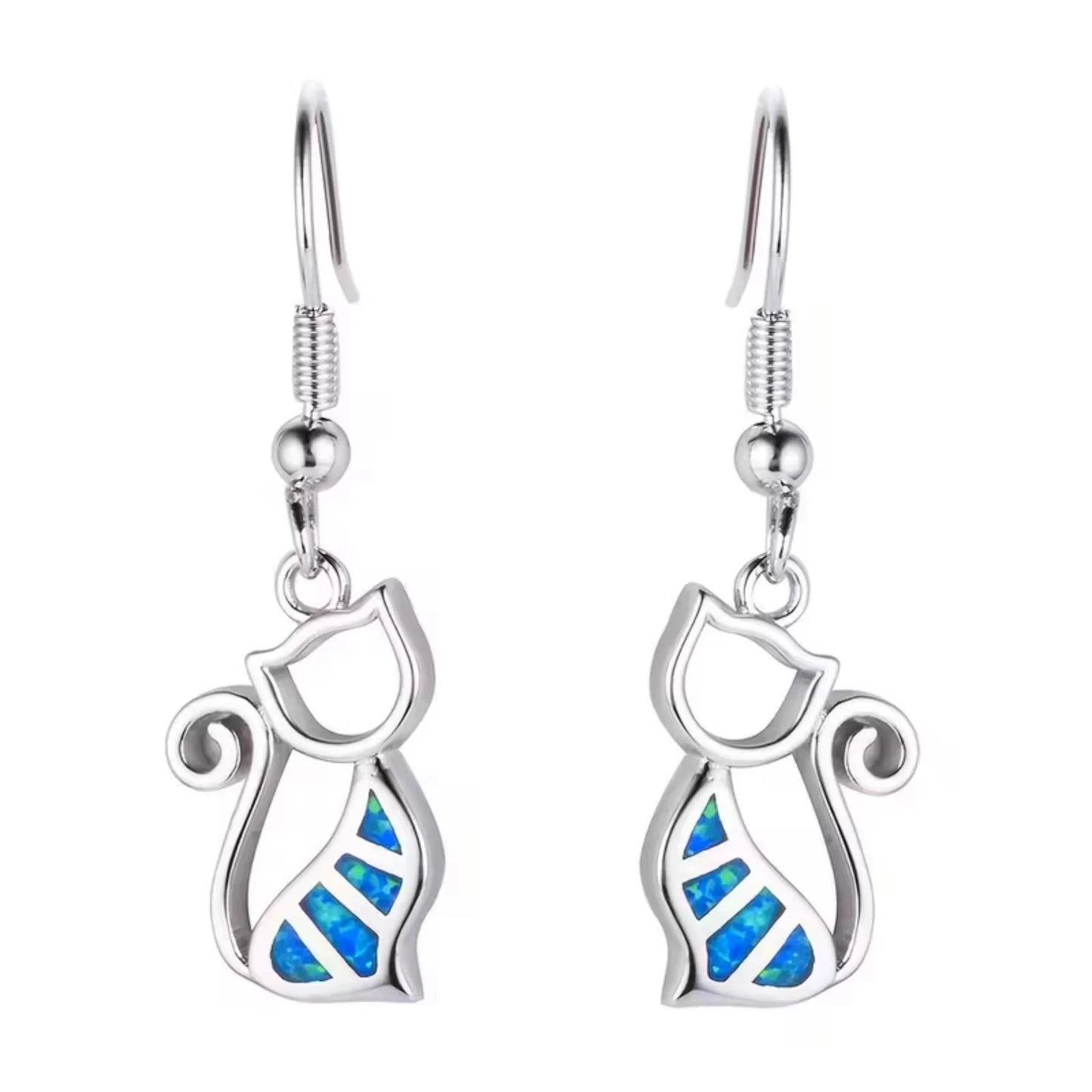 Geometric Opal Cat Earrings - Blue Fire Opal Solitaire & CZ Accent Design | Elegant Formal Jewelry Bulk Gifts