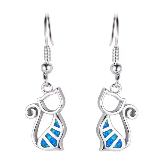 Geometric Opal Cat Earrings - Blue Fire Opal Solitaire & CZ Accent Design | Elegant Formal Jewelry Bulk Gifts