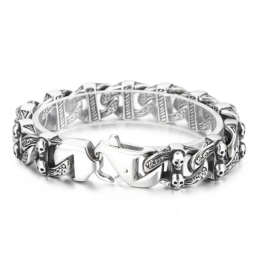 KALEN Men 215mm Punk Stainless Steel Skull Charms Links Bracelet With Lobster Clasp