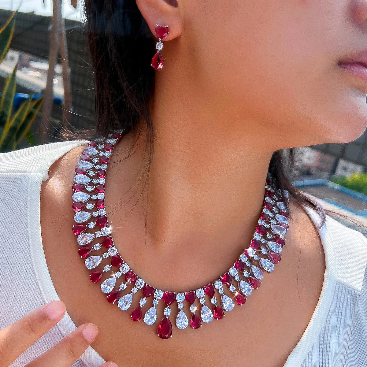 Charming Cubic Zirconia Jewelry Set Rhodium Plated Red CZ Heart Drop Dangle Necklace Earrings Jewelry Set for Brides Wedding