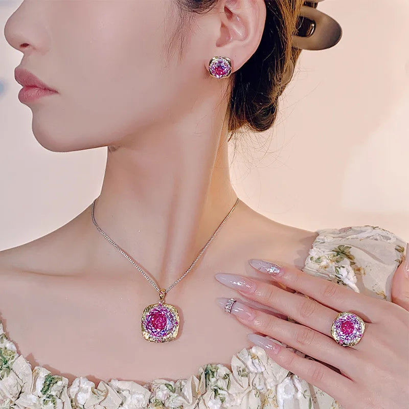 REDheart Copper Inlaid Zircon Plated Trendy 18K Gold Plated Dragon Fruit Color Women's Wedding Party Necklace