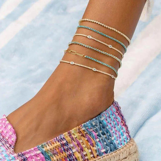 High Quality Summer Beach New Styles Paved Clear Blue CZ Evil-Eye Charm Foot Anklet 2mm Tennis Link Chain Jewelry for Women Girl