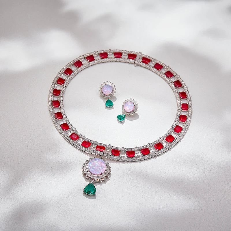 Exquisite and Gorgeous Bridal Wedding 3-Piece Set Unique Opal Zircon Necklace Earrings Bracelet As Large Exhibition Accessories