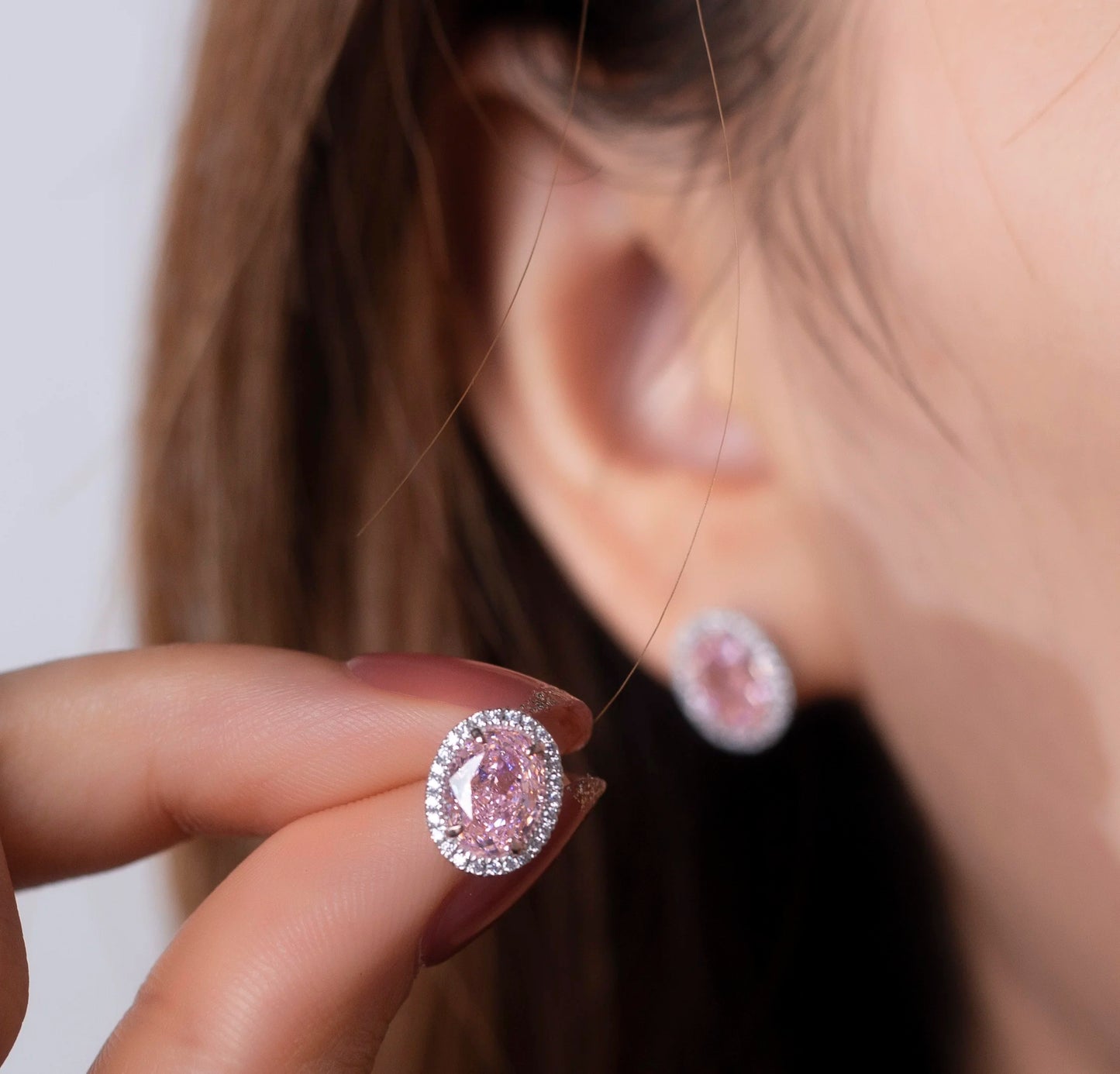 Messi Jewelry MSE-606  Oval Shape High Carbon Cubic Zirconia Pink  Earrings for Lover