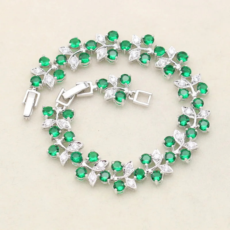 Luxurious 925 Sterling Silver Bridal Custom Jewelry Sets Green Semi-Precious Stone Classic Necklace Earrings Bracelet Wedding
