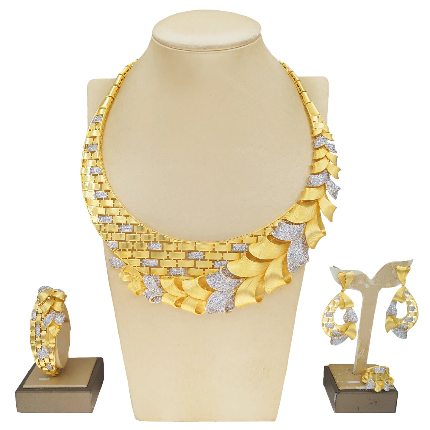 Zhuerrui New Designer Jewelry Set Exquisite Woven Metal Chain Nigerian Noble Lady Mother's Day Necklace Bracelet Ring Earrings