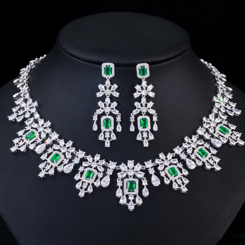 Luxury Green Cubic Zirconia Women Wedding Party Bride Necklace Earrings Jewelry Sets Bridal Dress Accessories