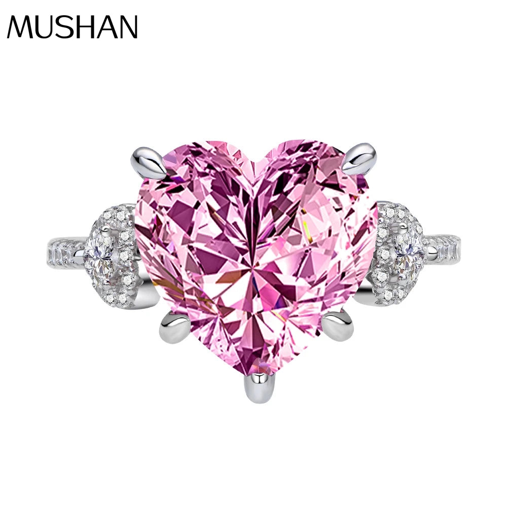 MuShan Jewelry Factory Precision Inlaid Heart Shaped 12 * 12mm pink Diamond 925 Silver High Carbon Diamond Ring for Women
