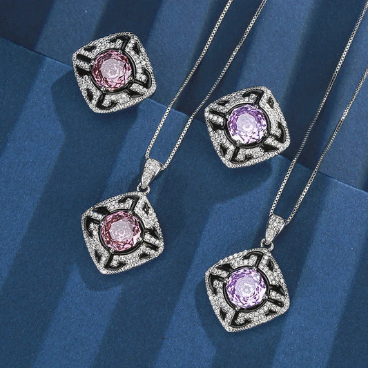 Gemfiori Elegant Luxury Jewelry Copper Bottom Gold Plated Rose Zircon Set Women's Wedding Engagement Jewelry Set