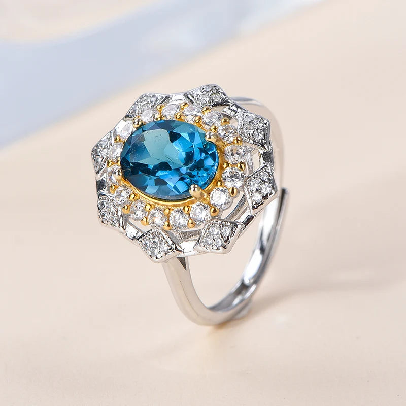 Gioiellieri High Quality 92.5% Sterling Silver Gold Plated Women's Luxury Classic Ring Natural London Blue Topaz Gemstone Oval Cut Party