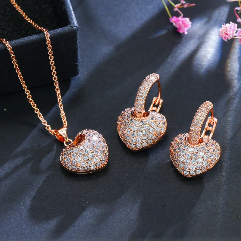 S&S Heart Shape CZ Pendant Necklace & Earrings Set – Rose Gold & Silver – Collection
