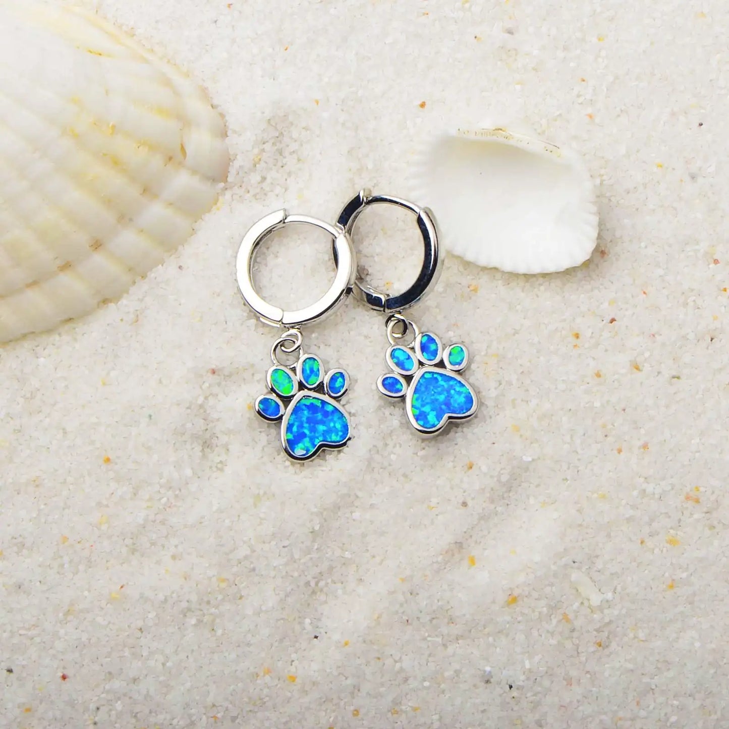 Blue Opal Dog PAWS Earrings | Silver Twisted Design Drop Jewelry
