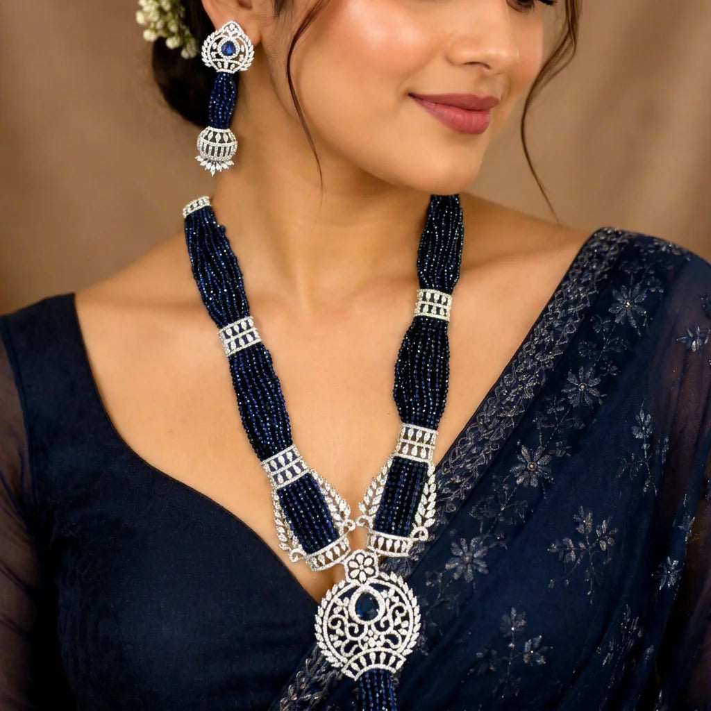 Premium Navy Blue Beads AD Necklace Set for Women Rhodium Plated Brass Bridal Party Wedding Elegant Designer Jewelry Set