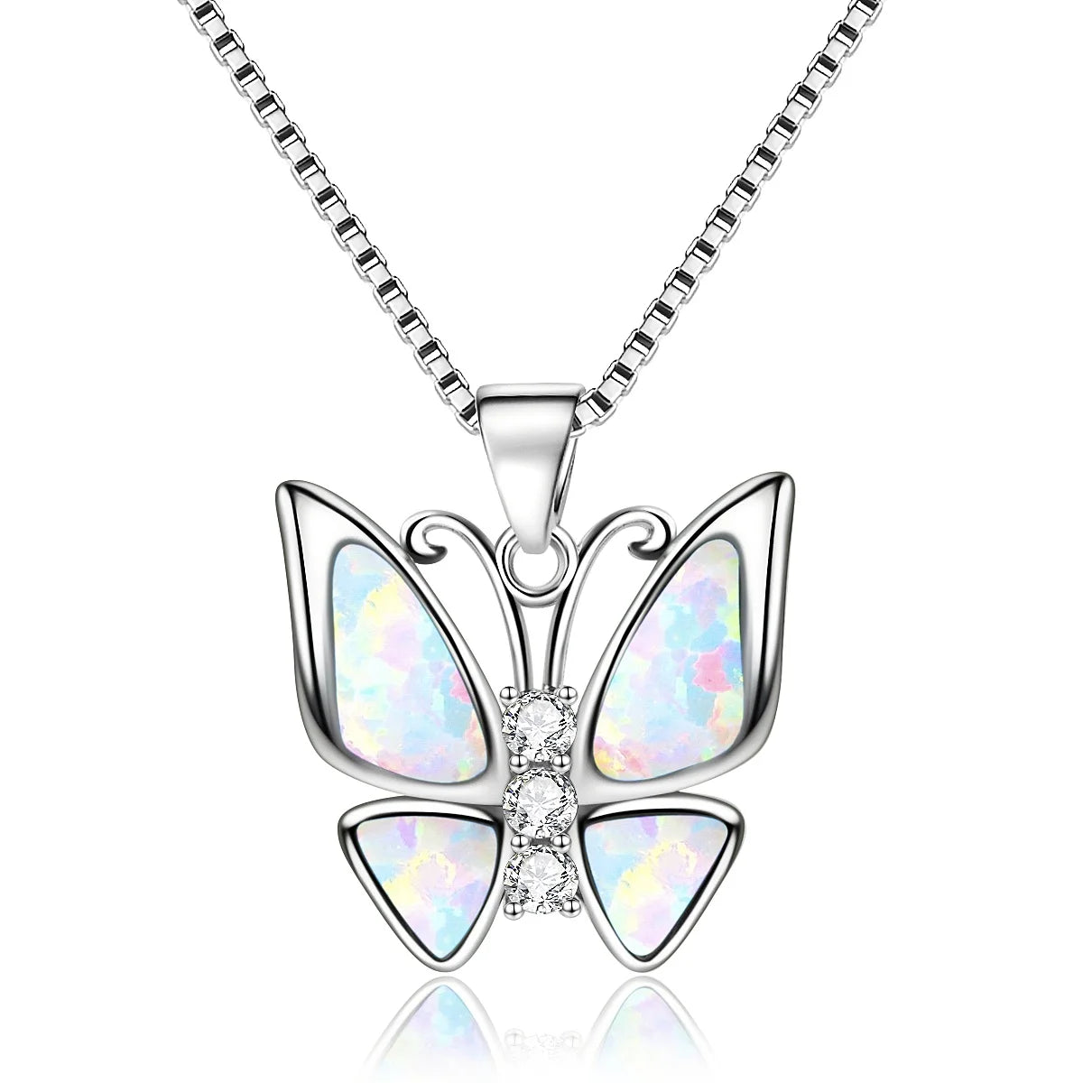Dainty Opal Butterfly Necklace - Handcrafted Silver Plated CZ-Embedded Romantic Jewelry Bulk