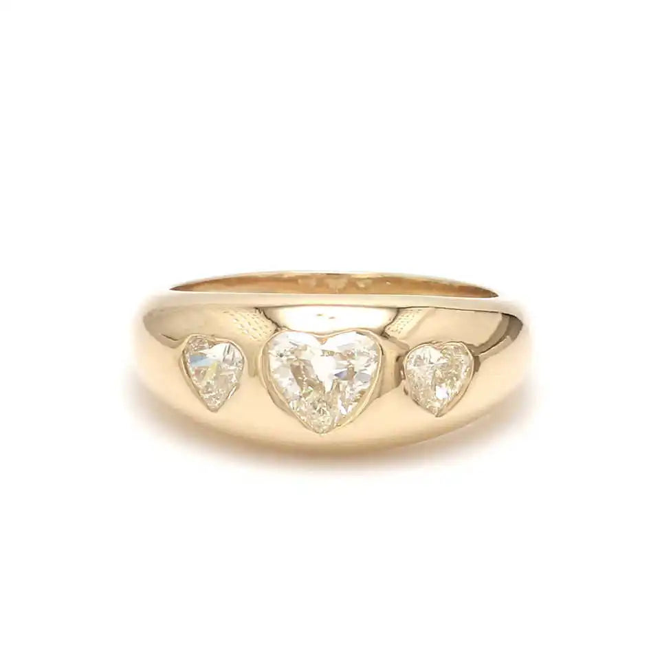 Luxury Design Minimalist 14k Gold Diamond Three Heart Gypsy Signet Rings Exquisite Trendy Karat Certified Women's Anniversary