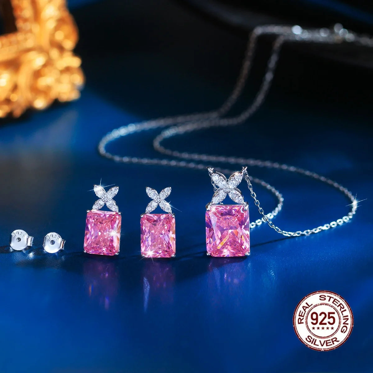 Genuine S925 Sterling Silver Crushed Ice Stone Cubic Zirconia Pink Pendant Set Necklace and Earring Set for Women Party Jewelry