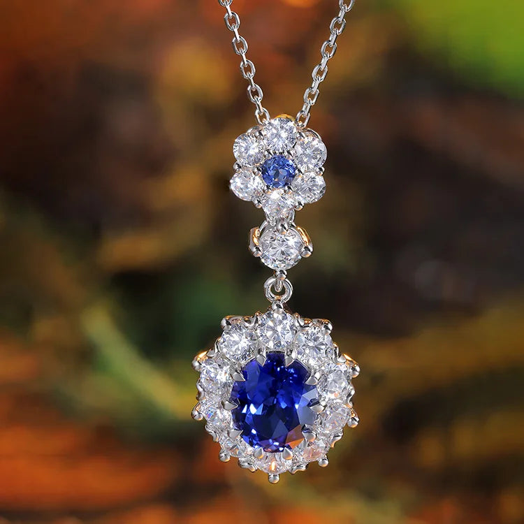 Gemfiori Statement Pendant Customized Jewelry Lab Grown Sapphire Rhodium Plated Chains Sterling Silver 925 Vintage Diamond for Her Gift