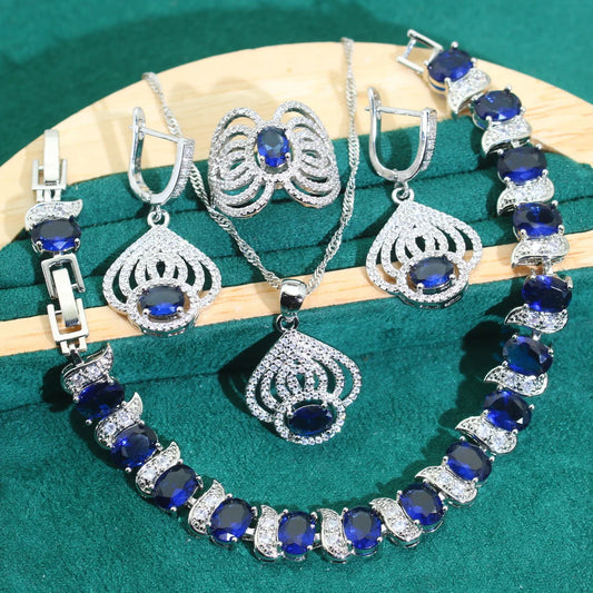 New Arrivals Blue Zircon 925 Silver Sets for Women 18K Gold Wedding Bracelet Earrings Pendant Ring Perfect Birthday Gifts