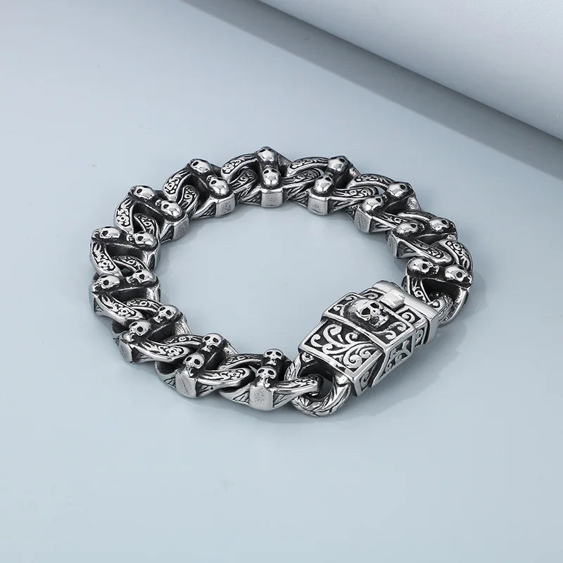 KALEN 220mm Men Punk Stainless Steel Skull Pattern Clasp&Links Bracelet