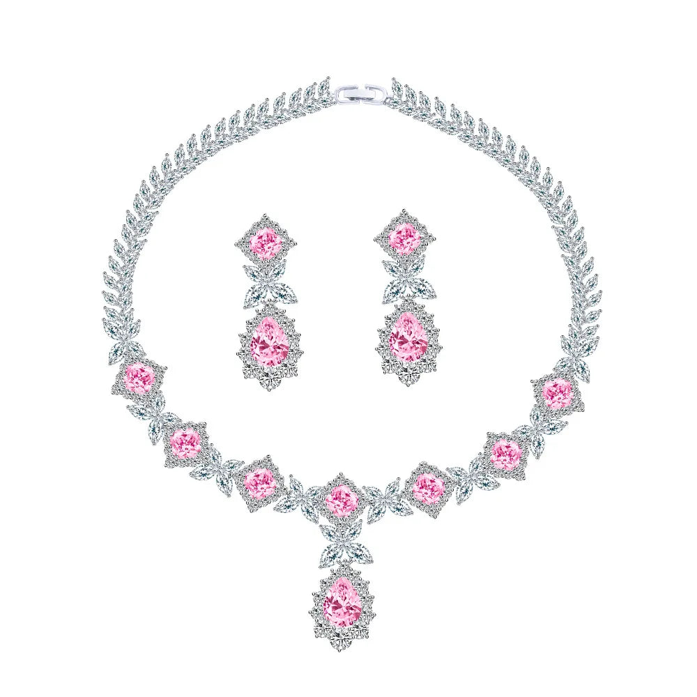 Luxury Pear-Cut Zirconia Water Drop Floral Necklace & Earrings Bridal Set — Rhodium Plated