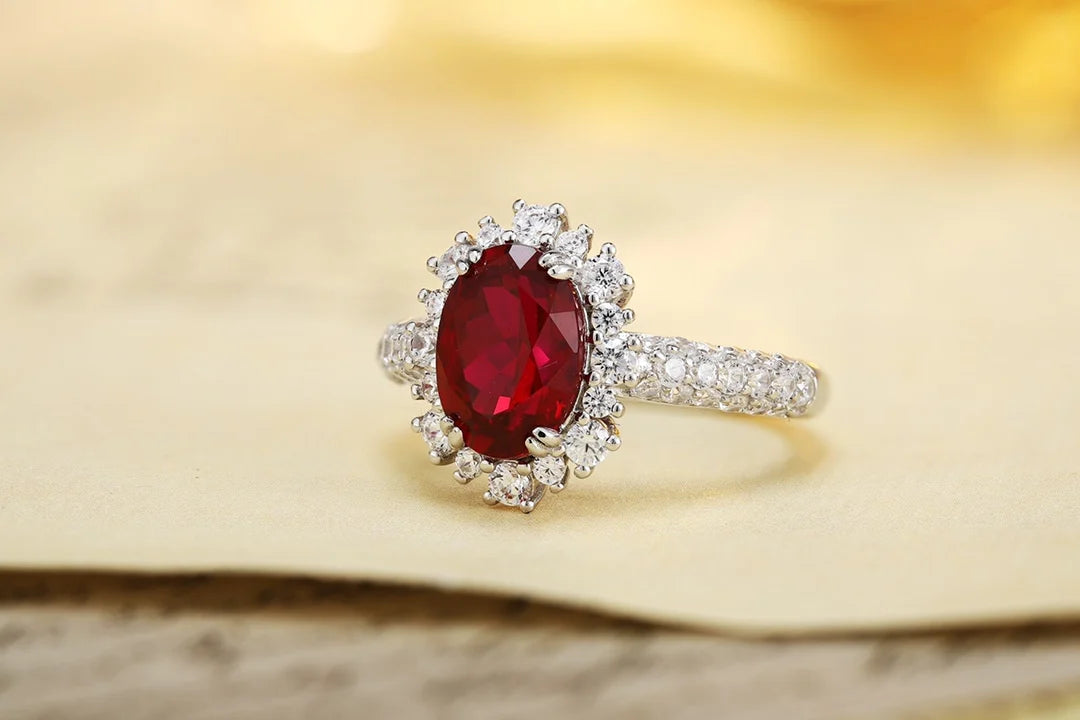 Gemfiori Vintage Engagement Ring 925 Sterling Silver Rings Lab Grown Gemstone Ruby Rhodium Plated Prong Setting for Women's Wedding