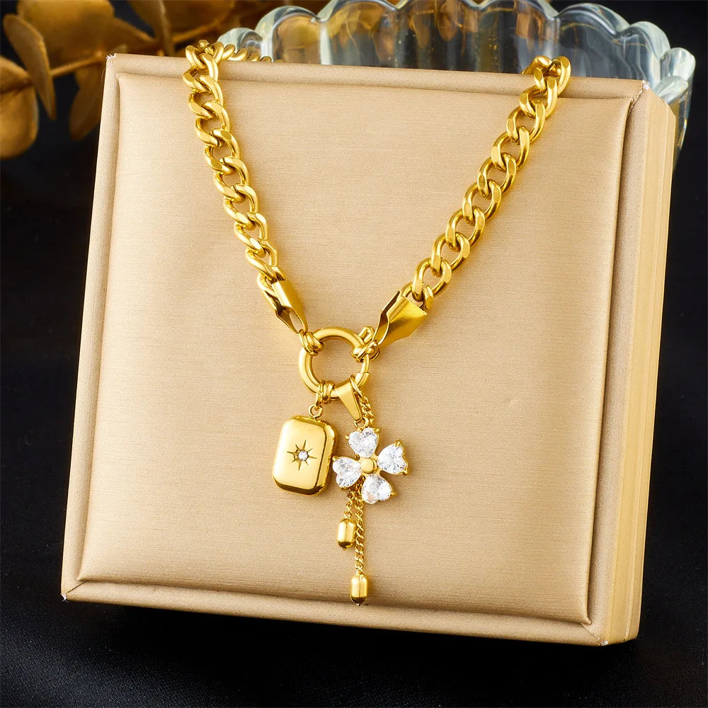 Gold Crystal Flower Pendant Necklace & Bracelet Jewellery Set | Sparkling Fashion Set