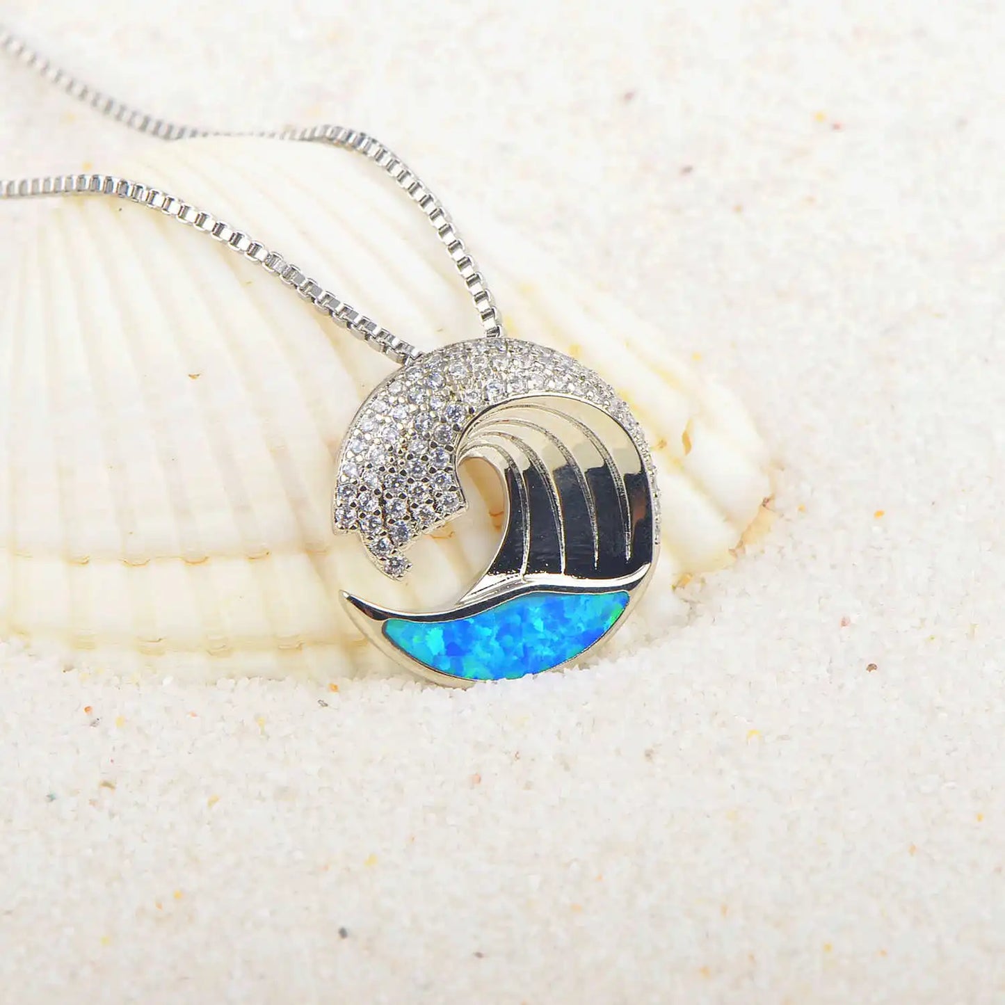 Aobao Trendy Christian Ins-style Hawaiian Blue Opal Wave Necklace Silver Plated Sweater Chain Pendant