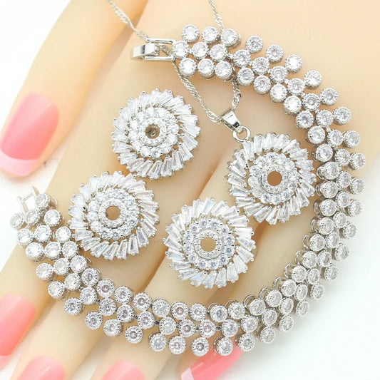 Luxury 925 Sterling Silver Set Classic Wedding Design Bracelet Earrings Necklace Ring Zircon Valentine's Day Gift for Women