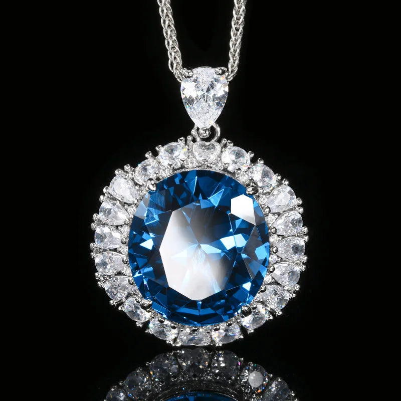 Gemfiori Elegant Oval Red Blue Zircon Pendant Necklace Adjustable Ring Cubic Zircon Jewelry Set