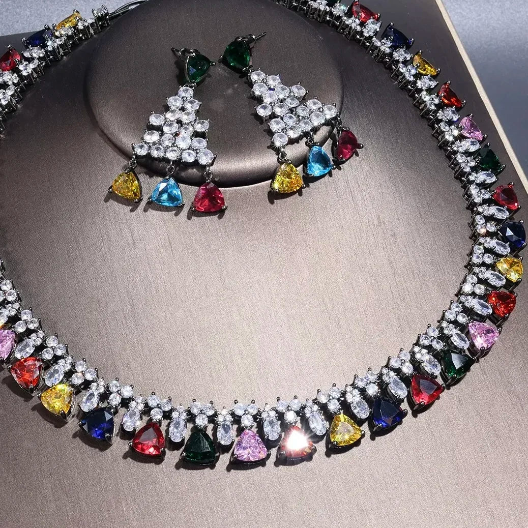 Bella Viva Luxury Multicolor Triangle 3A Cubic Zirconia Earrings & Necklace Set for Women Rainbow Color Party Jewelry
