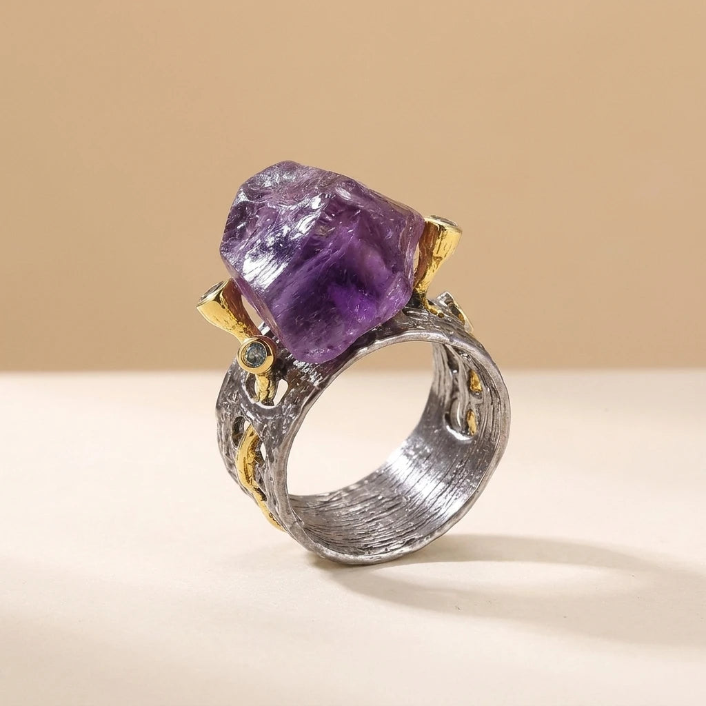 Custom Black Vintage Amethyst Finger Ring  Unisex Sterling Silver Ring Custom