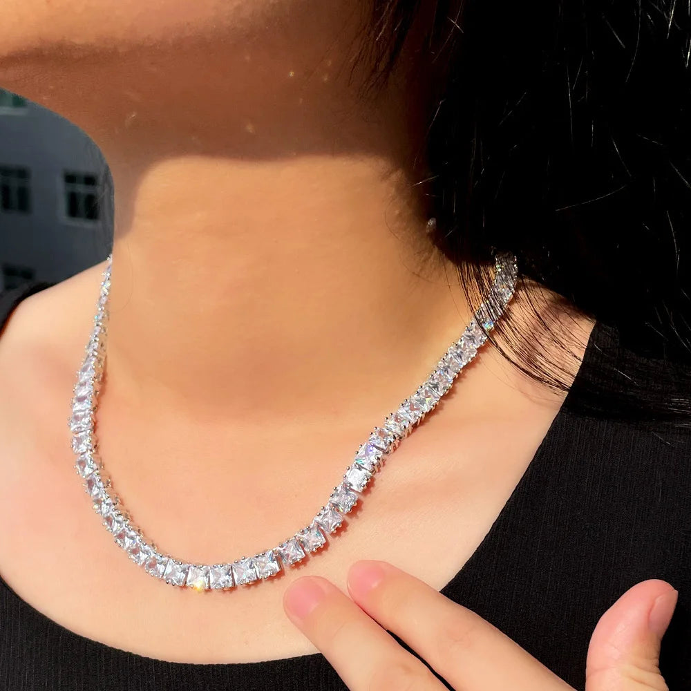 Super Shiny Square Cubic Zirconia Chain Link Tennis Necklace and Stud Earrings Jewelry Set for Women Man Party