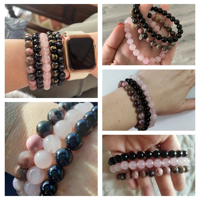 Gemfiori 8mm Natural Garnet Stone Bracelet Set 3pcs/set Rose Quartz Rose Turquoise Hematite Amethyst Bracelet Men's and Women's Jewelry