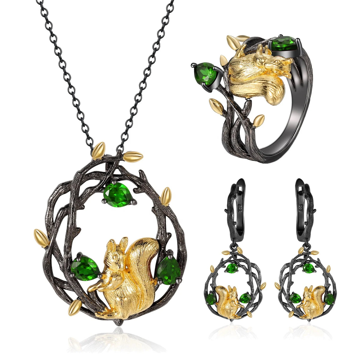 ArtistA C7874 Abiding High-end Gold Plated Vivid Cute Squirrel 925 Sterling Silver Chrome Diopside Jewelry Sets for Moroccan Wedding