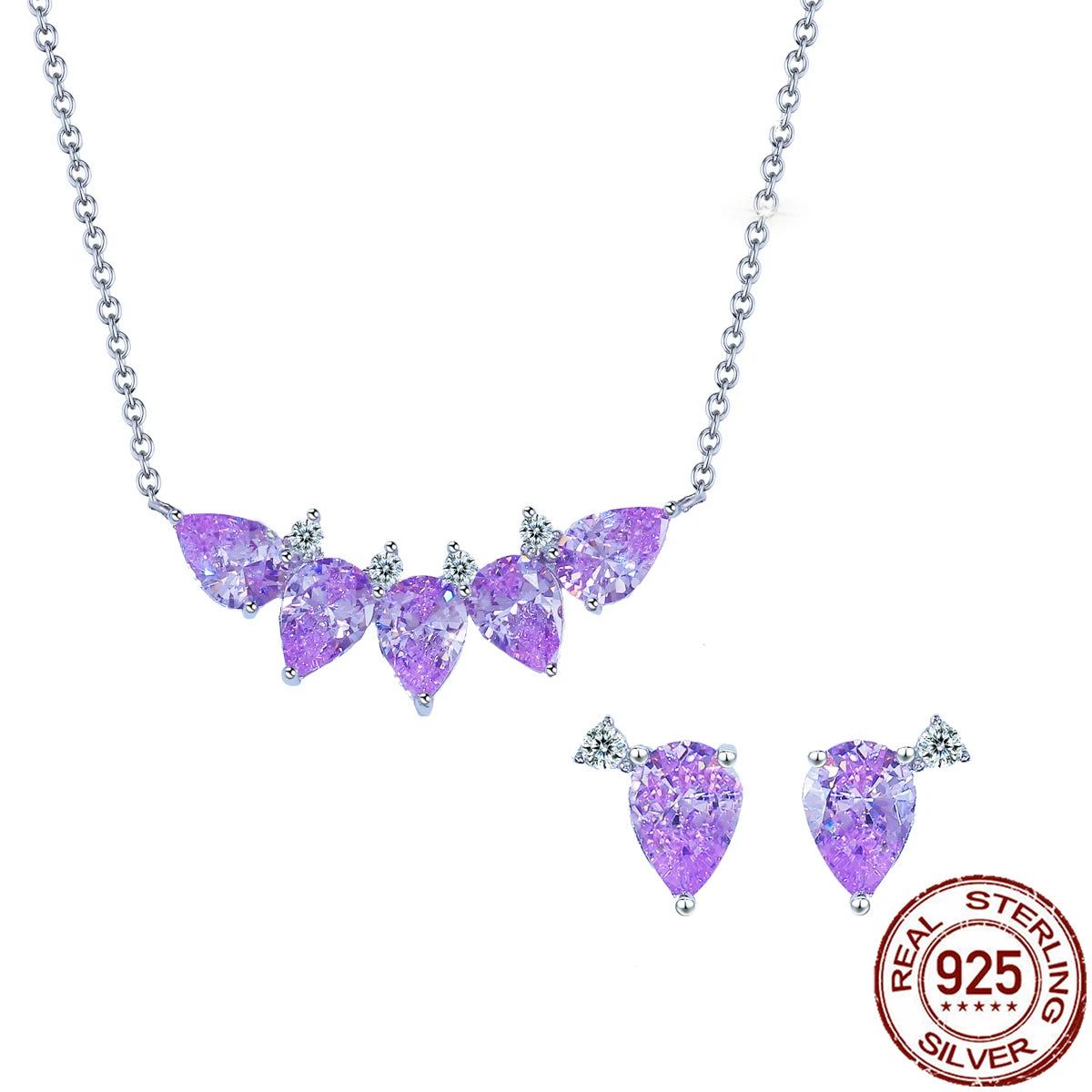 Purple Drop CZ Jewelry Set Zircon Pendant Necklace Jewelry Set for Lady Daily Wear Birthday Gift 925 Sterling Silver Jewelry