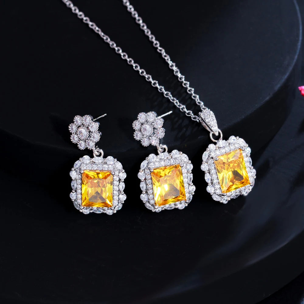 S&S Flower & Square CZ Necklace & Earrings Set – Yellow, Green & Pink – Collection