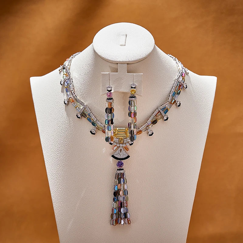 Luxurious and Colorful Cubic Zirconia Brass Necklace Earrings with Tassel Enamel Craftsmanship Suitable for Women's Accessories