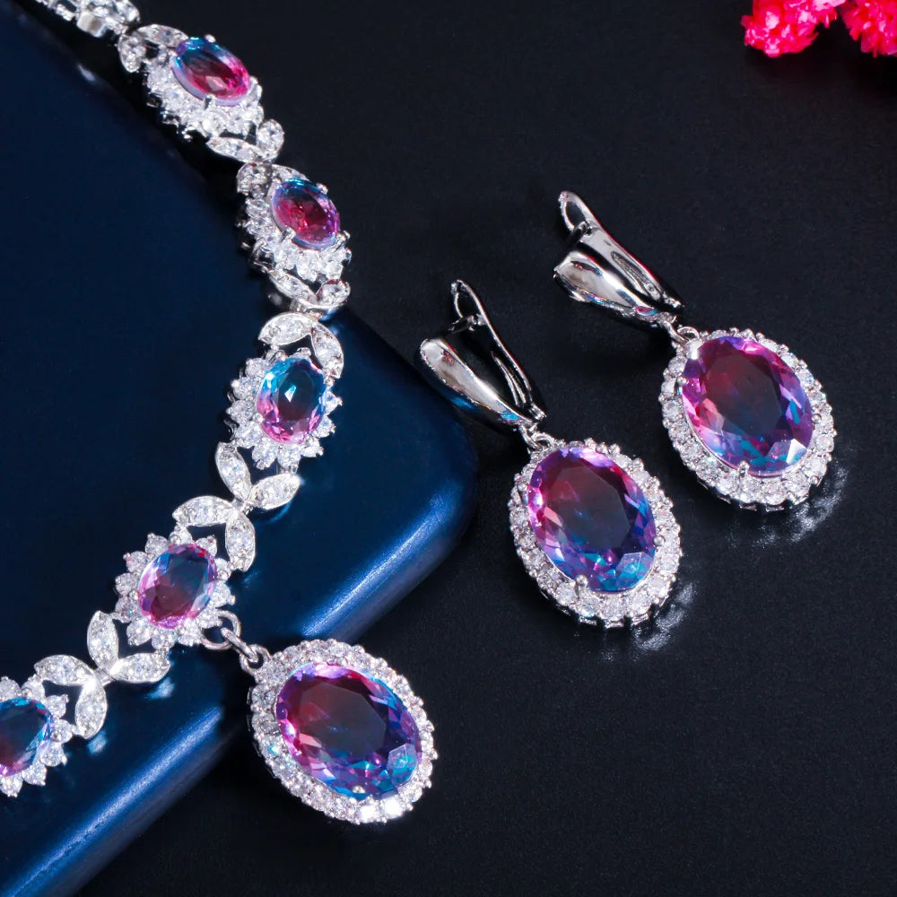 Elegant Mystical Rainbow Cubic Zirconia Crystal Oval Drop Leaf Earrings and Necklace Set for Women Evening Party Jewelry Gift